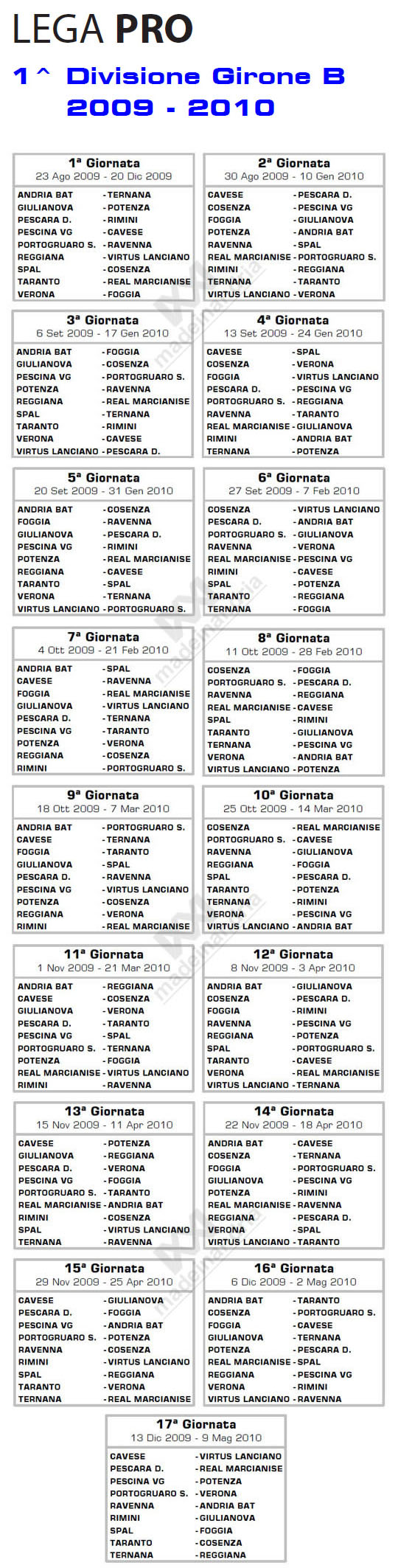 Calendario di Prima Divisione Girone B stagione calcistica 2009-2010